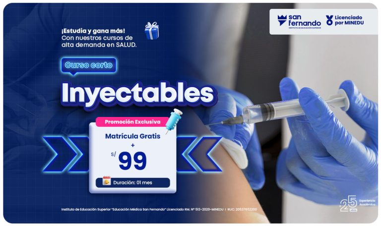Banner horizontal del curso corto Inyectables o inyectoterapia del Instituto San Fernando – matrícula gratis y duración de 1 mes - Lima
