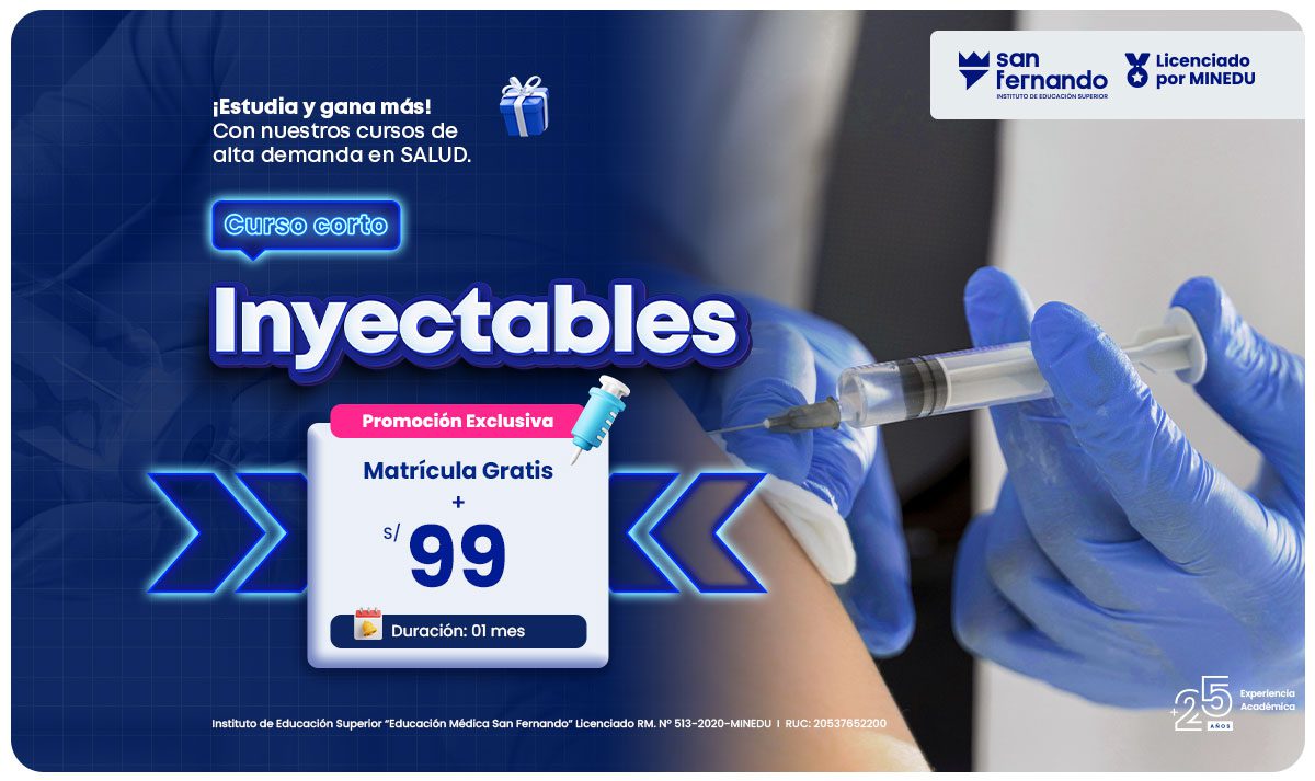 Banner horizontal del curso corto Inyectables o inyectoterapia del Instituto San Fernando – matrícula gratis y duración de 1 mes - Lima