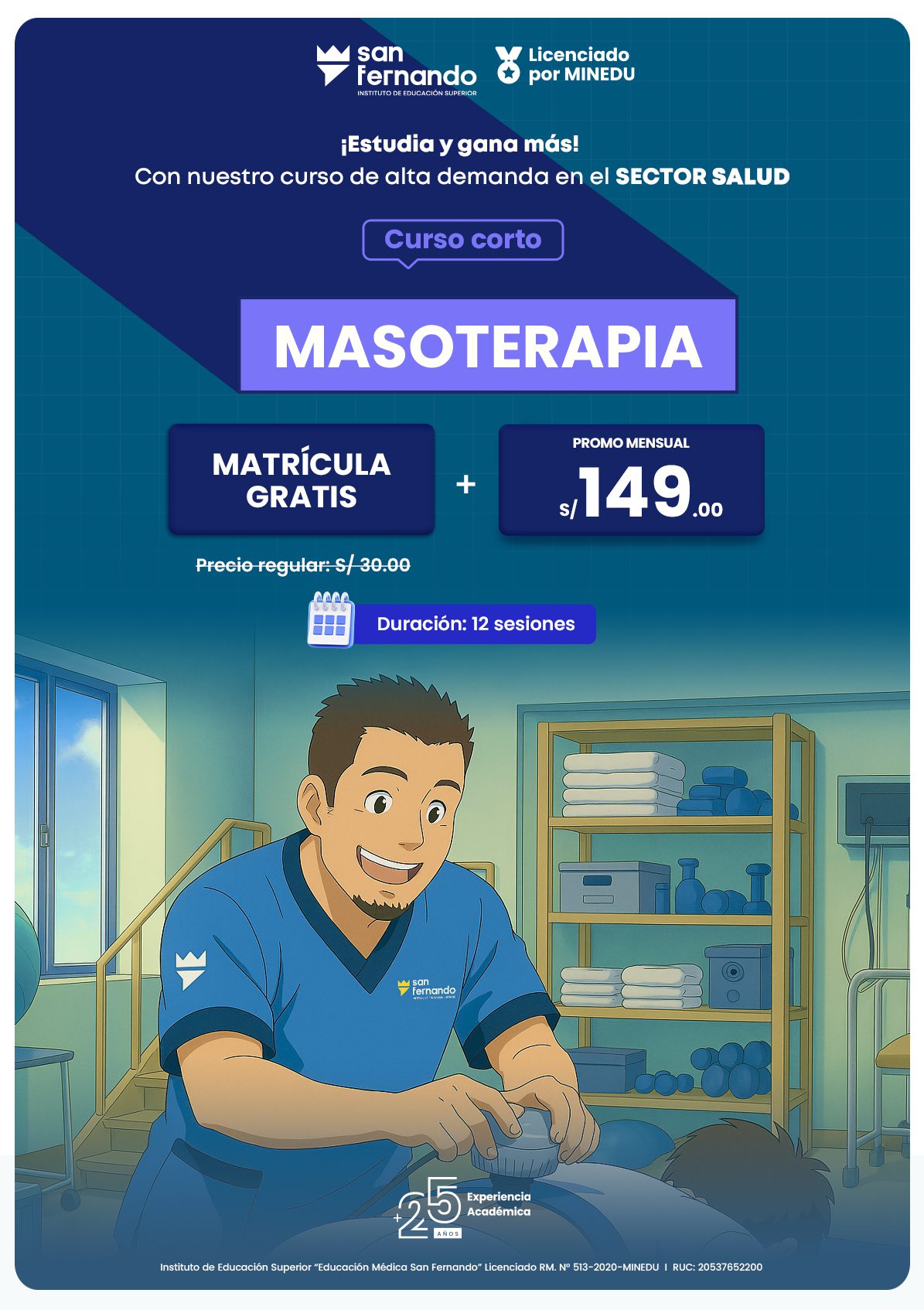 Promocion de masoterapia y masajes terapeuticas curso cortos promocion vertical de 149 soles a nivel nacional curso corto sector salud fisioterapia instituto san fernando licenciado por minedu