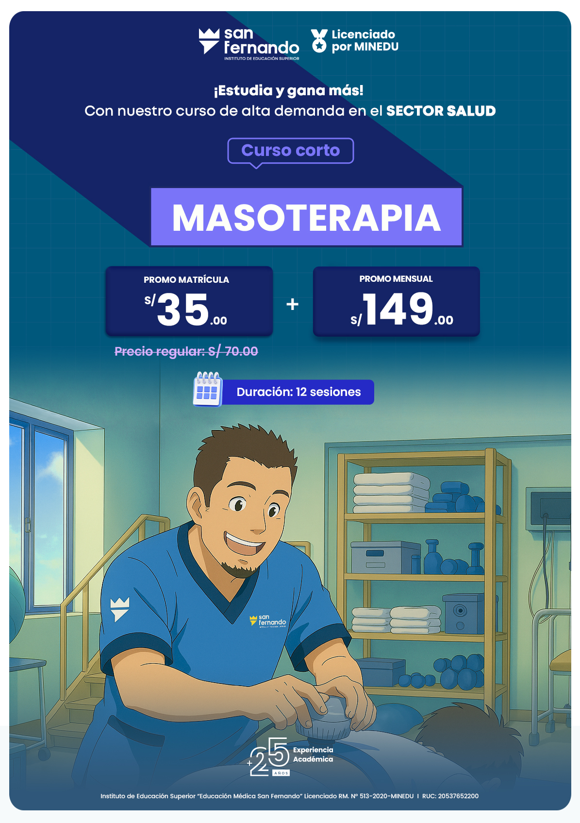 Promocion de masoterapia y masajes terapeuticas curso cortos promocion vertical de 149 soles a nivel nacional curso corto sector salud fisioterapia instituto san fernando licenciado por minedu