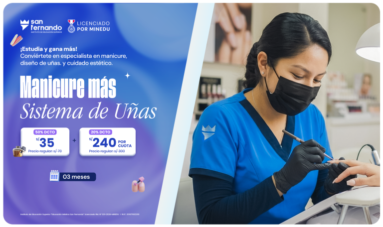 Promocion horizontal del curso de Manicure mas sistema de uñas del instituto san fernando en lima Peru