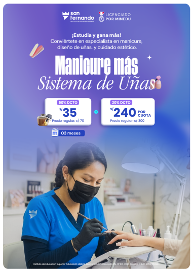 Promoción vertical del curso de Manicure mas sistema de uñas del Instituto San Fernando en Lima, Perú.